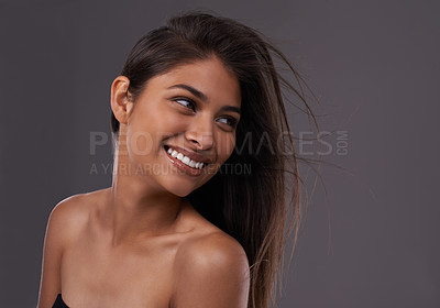 Buy stock photo Woman, studio and haircare with happy beauty, Indian female person with luxury and salon treatment. Thinking of keratin blowout or styling for results and wellness, isolated and glowing model