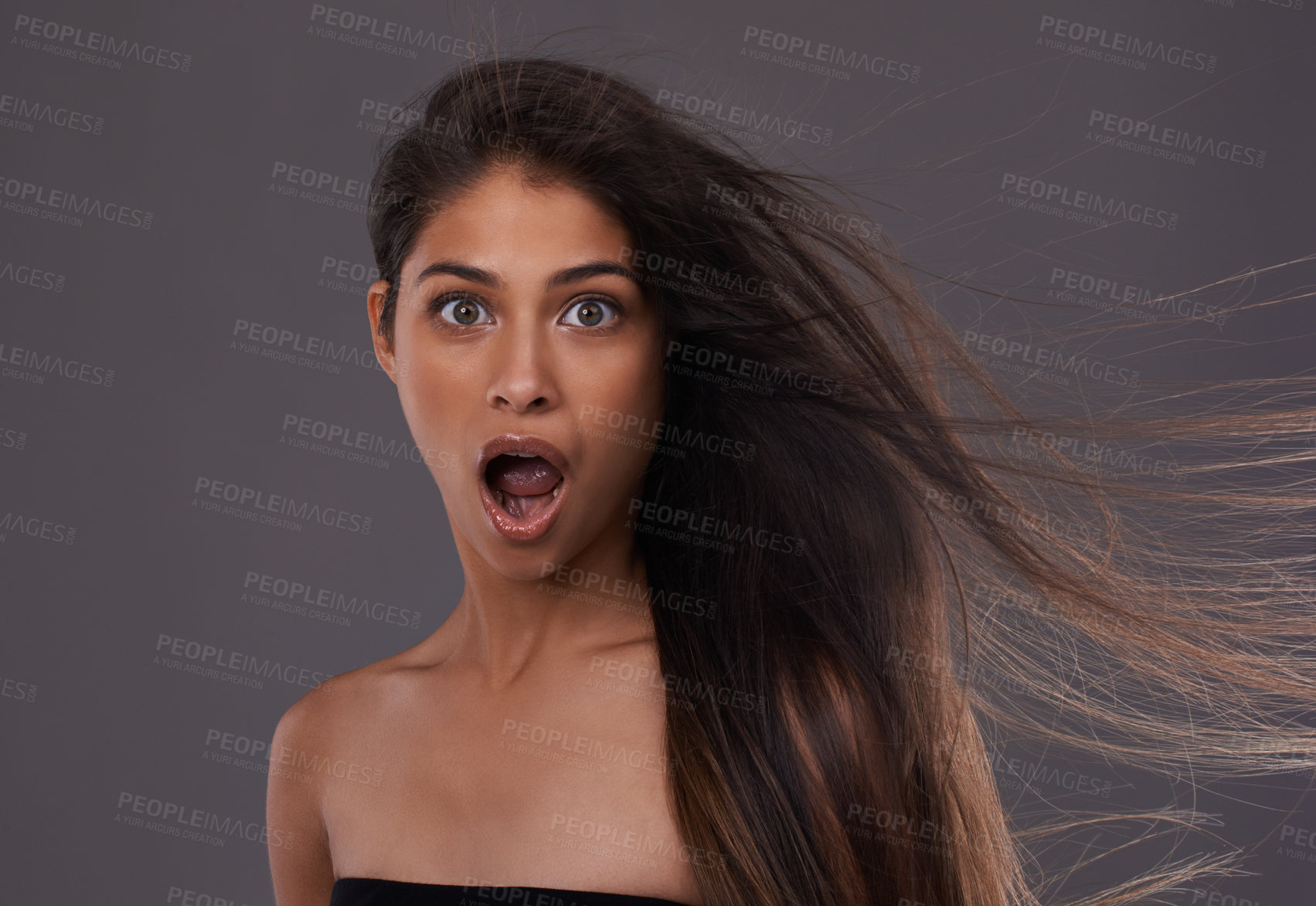 Buy stock photo Portrait, woman or shock in wind as haircare, beauty or announcement of salon,hairdressing or promo. Long, natural or strong hairstyle in wow, wtf and omg for result or benefit of treatment in studio