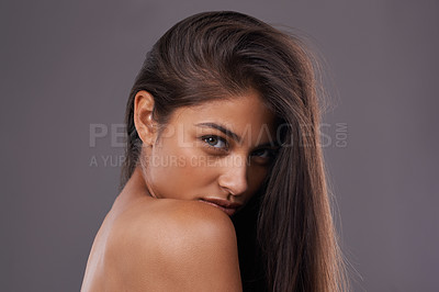 Buy stock photo Woman, studio and haircare with natural beauty, Indian female person with luxury and salon treatment. Nourishing and keratin blowout for results and wellness, confident and isolated glowing model