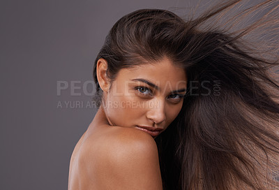 Buy stock photo Portrait, wind and closeup of woman for hair care, treatment and blow dry with mockup space isolated on studio background. Female person, breeze and hairstyle for shampoo, hairdressing and brushing
