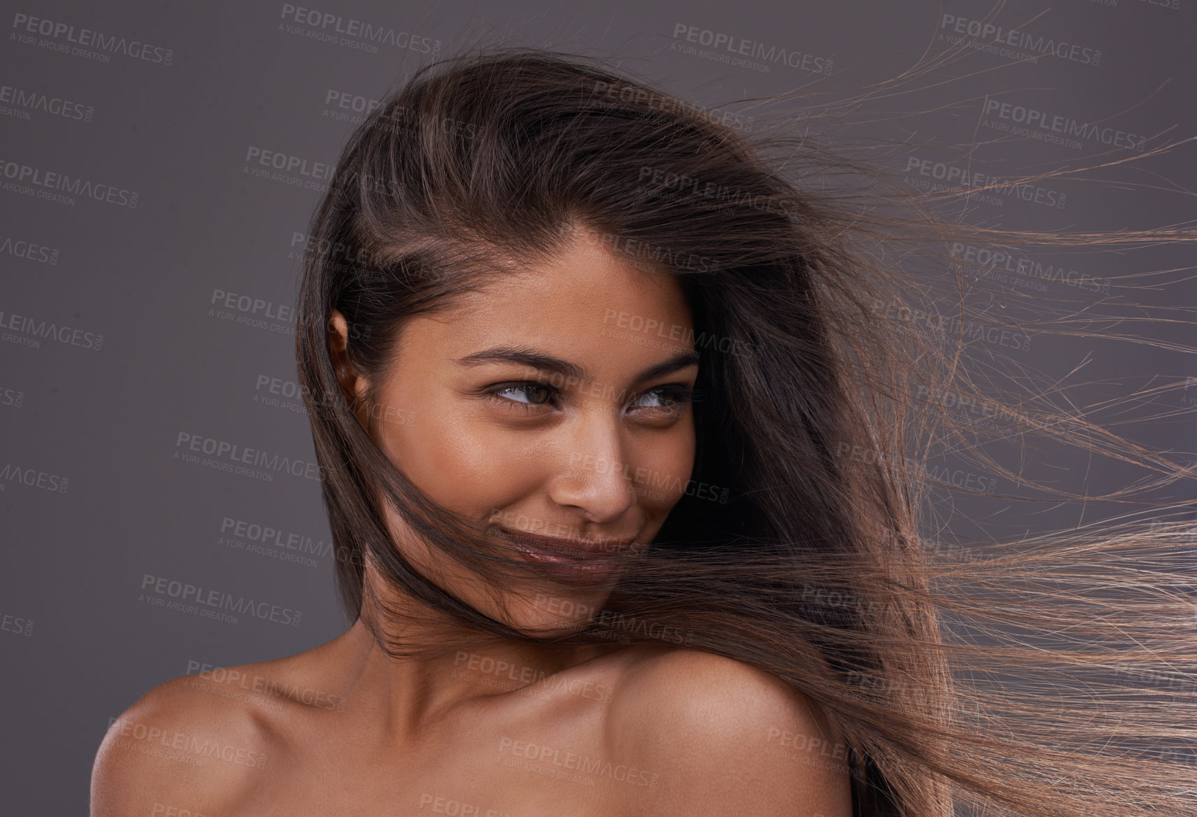Buy stock photo Woman, hair and salon for wind and style with heat and blow with keratin treatment and wash. Model, smile and glossy for healthy strand with shampoo for smooth and silk for volume or long on mockup