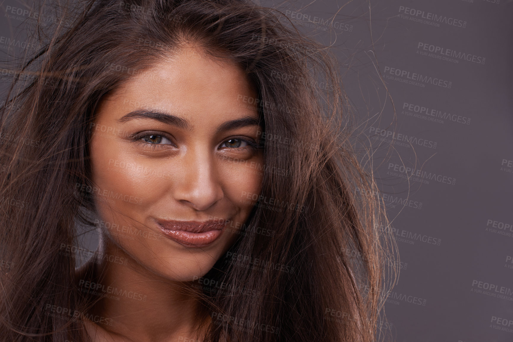 Buy stock photo Portrait, confident woman or messy hair in wind, damage or treatment in studio on grey background. Grooming, frizz and tangle in simple keratin female model for dull and dry texture and scalp