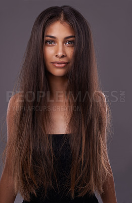 Buy stock photo Portrait, woman or messy hair for haircare, beauty or texture change for growth, health or scalp in studio. Female model, damaged or long as haircut, weak or split end in treatment on grey background