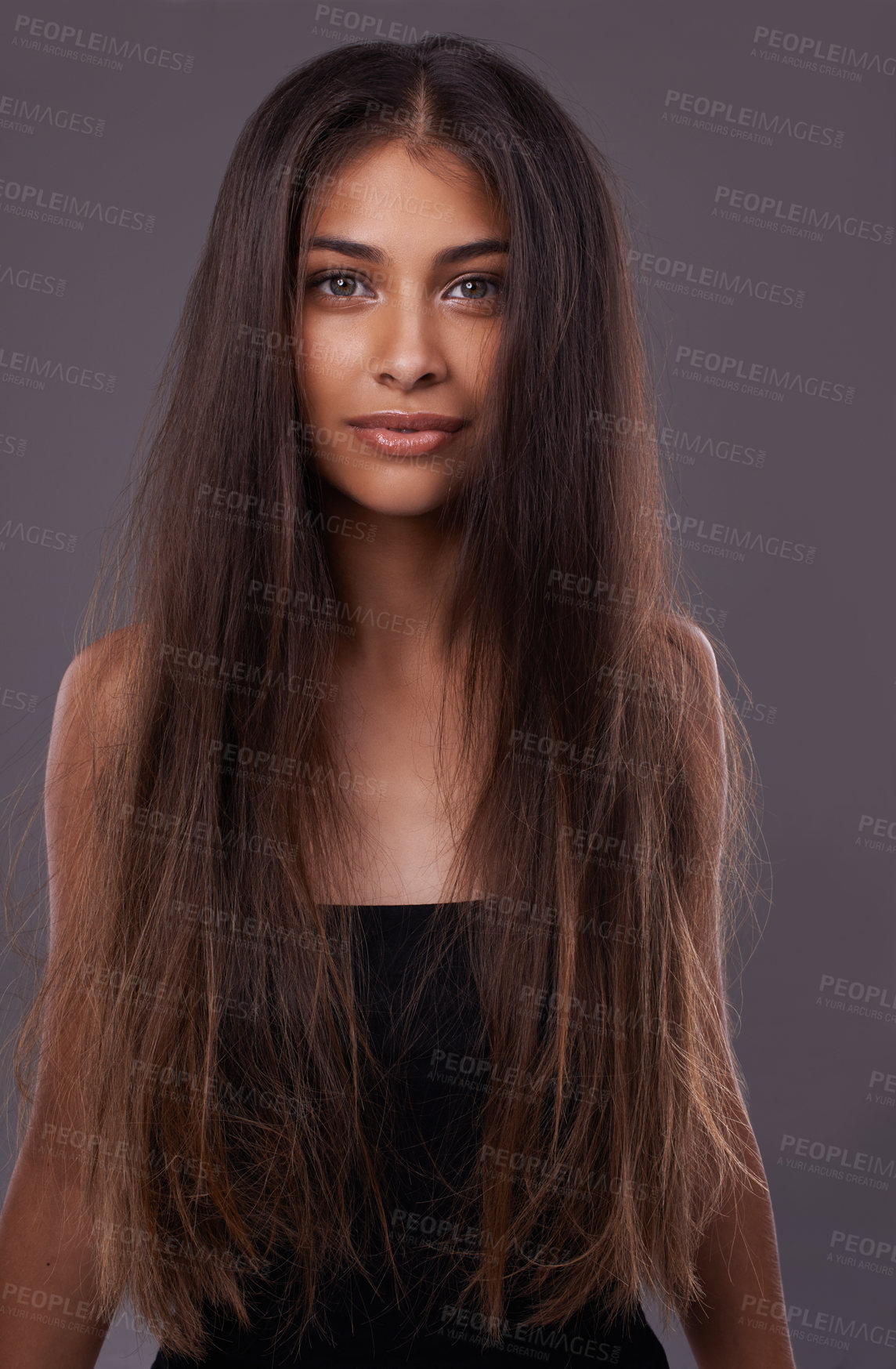 Buy stock photo Portrait, woman or messy hair for haircare, beauty or texture change for growth, health or scalp in studio. Female model, damaged or long as haircut, weak or split end in treatment on grey background