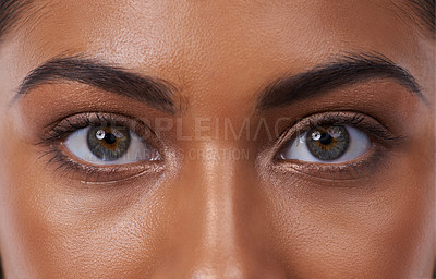 Buy stock photo Woman, eyes and eyebrows makeup as closeup of beauty cosmetics or skincare dermatology, mascara or healthy. Female person, eyeshadow and wellness lashes or closed or self care, extension or treatment