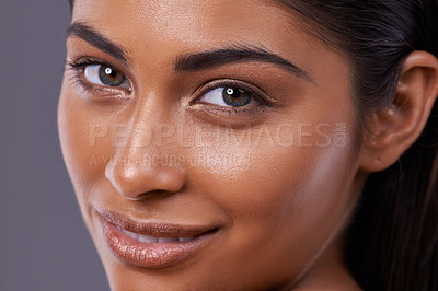 Buy stock photo Portrait, skincare and beauty of happy woman in makeup, glow or shine isolated on gray studio background. Face, closeup and Indian model in cosmetics in spa facial treatment, dermatology or health