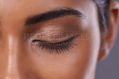 Buy stock photo Woman, eyes and eyeshadow makeup as closeup of beauty cosmetics for skincare dermatology, mascara or healthy. Female person, eyebrow and wellness glow or closed for self care, extension or treatment