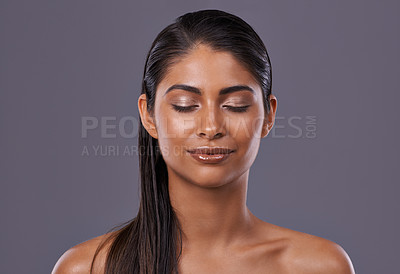 Buy stock photo Skincare, glow and woman with makeup, closed eyes and dermatology on grey studio background. Person, model and girl with grooming routine or texture with treatment or shine with aesthetic and beauty