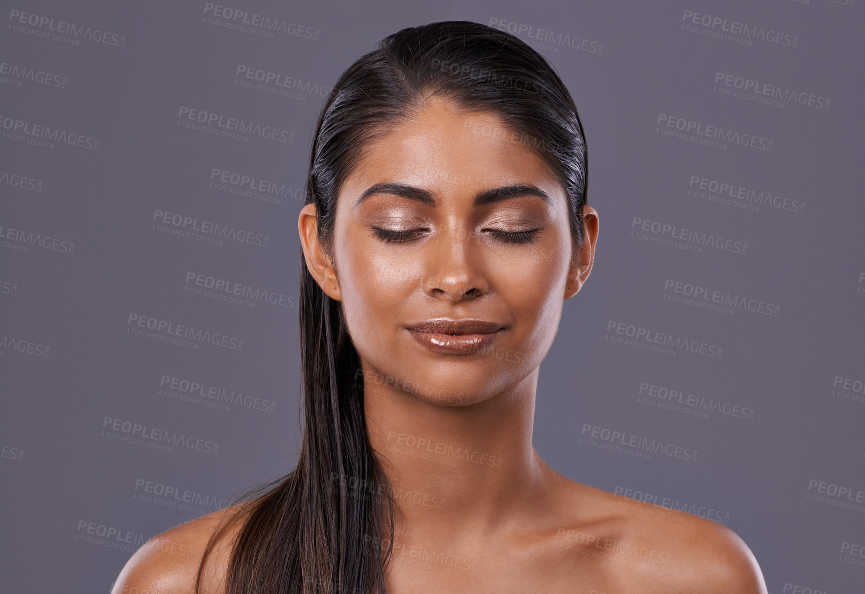 Buy stock photo Skincare, glow and woman with makeup, closed eyes and dermatology on grey studio background. Person, model and girl with grooming routine or texture with treatment or shine with aesthetic and beauty