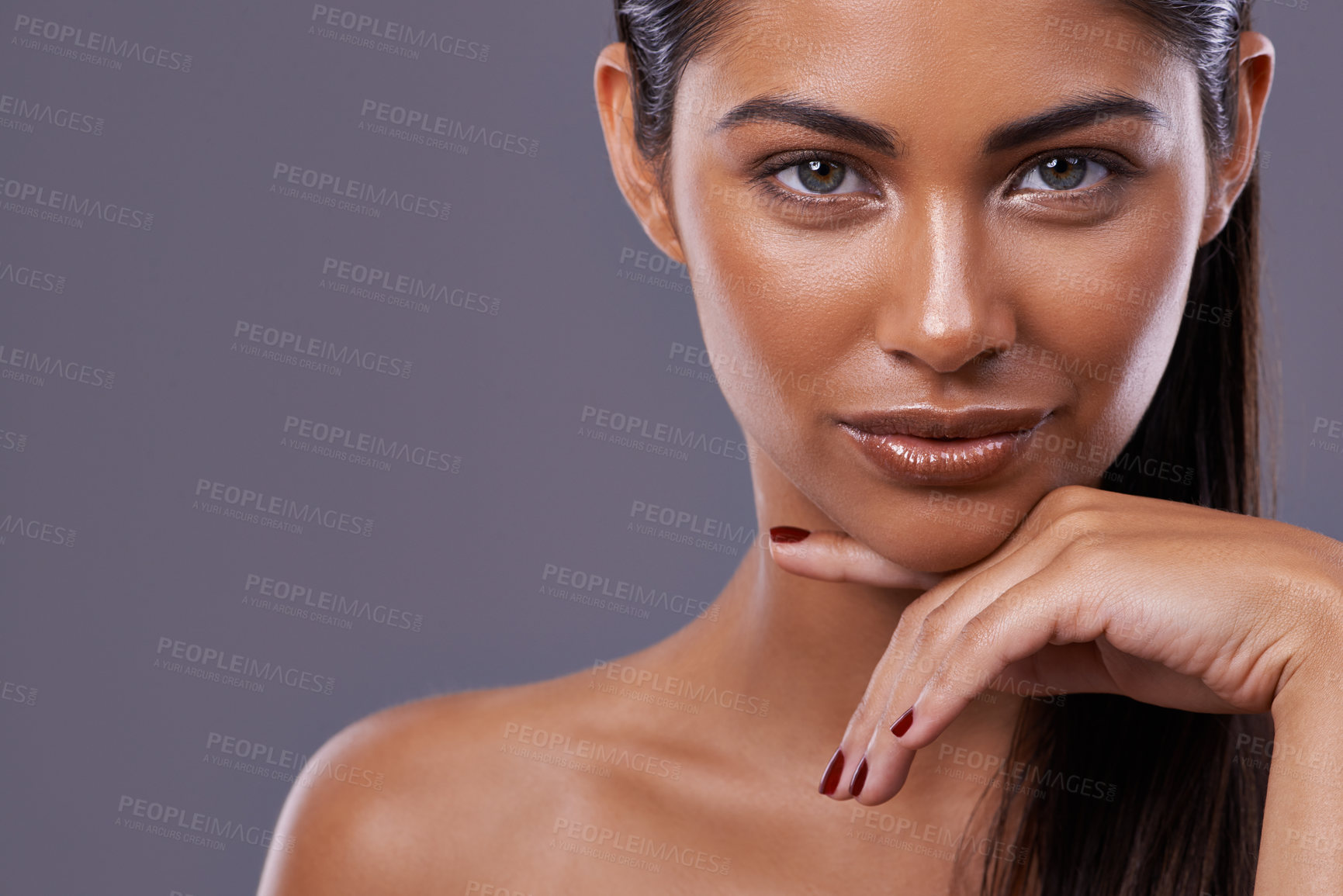 Buy stock photo Portrait, beauty and woman with skincare, cosmetics and dermatology on a grey studio background. Face, person and model with wellness and healthy skin with makeup and shine with glow and mockup space