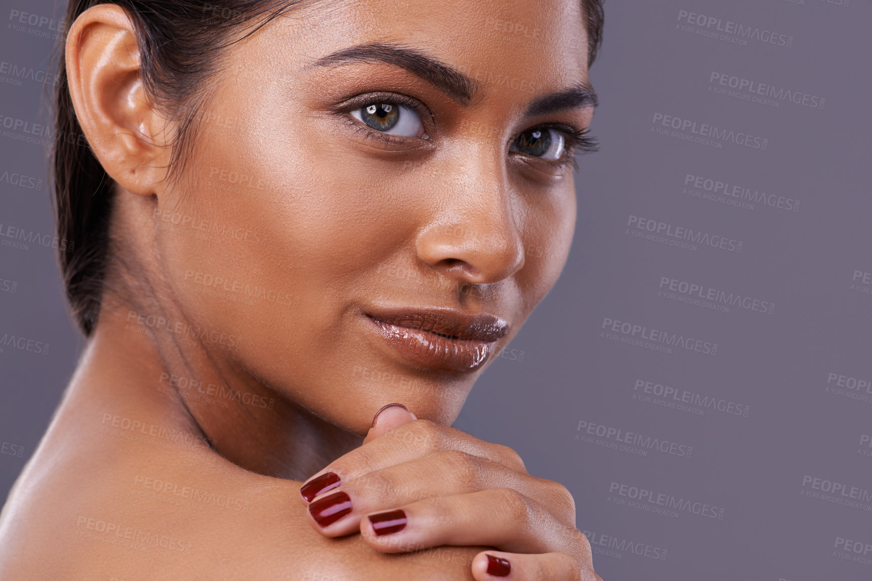 Buy stock photo Skincare, manicure and woman with makeup, glow and dermatology on grey studio background. Person, model and girl with grooming routine or luxury with cosmetics or shine with aesthetic and nail polish