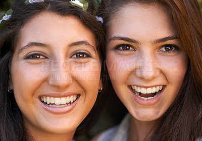 Buy stock photo Women, friends and portrait with smile for connection bonding on holiday for summer travel, together or weekend. Female people, face and happiness in Australia or relaxing break, adventure or journey