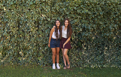 Buy stock photo Girl friends, happy and portrait outdoor with laugh, leaves and students with a smile in a park. Garden, youth and hug with grass, campus and fun together with bonding in nature with teen people