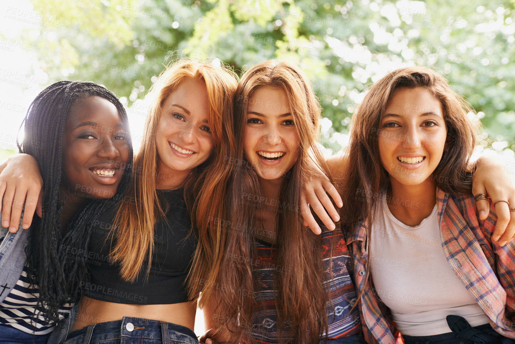 Buy stock photo Girl friends, happy hug and portrait outdoor with diversity in group on holiday summer camp. Female student, sunshine and happiness face of young gen z and teen people together on vacation break