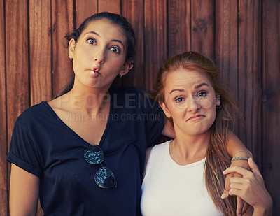 Buy stock photo Portrait, funny face and woman friends on wooden background together for bonding or relationship. Love, comedy or humor and happy young people having fun summer for holiday, vacation and getaway