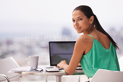Buy stock photo Woman, outdoor and portrait with laptop for trading, stocks and remote work in finance. Calm, investor and person with computer on balcony with budget, strategy or accounting on investment profit