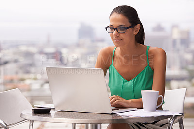 Buy stock photo Outdoor, balcony and woman with remote work on laptop for business in trading and budget for finance. City, entrepreneur and investor with coffee at home on computer reading news, research or stocks