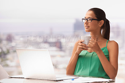 Buy stock photo Woman, thinking and outdoor with coffee and laptop for remote work in trading business and planning strategy. Entrepreneur, ideas or investor drink espresso on balcony in city with stocks on computer