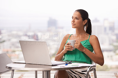 Buy stock photo Woman, outdoor and thinking with coffee and laptop for remote work in trade, business or planning strategy. Entrepreneur, investor and drink espresso on balcony in city with ideas for stocks in notes