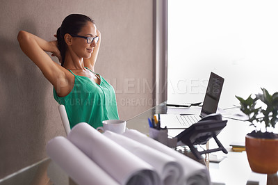 Buy stock photo Woman, stretching at desk with laptop and relax in office, happy architect on a break and review digital floor plan. Rest, calm and deadline achievement for architecture design or blueprint  