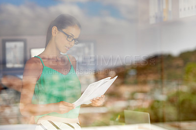 Buy stock photo Business woman, window and review documents for project, glasses for reading with editor and fact check article. Information, analysis and news with paperwork, proofreading and productivity in office