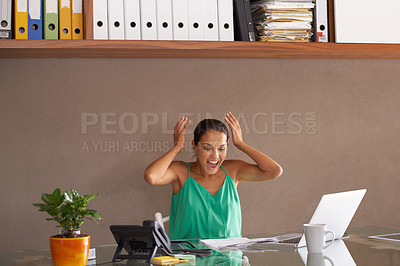 Buy stock photo Wow, business and happy woman in office with documents, success or investment, growth and laptop email news. Financial, achievement and excited female accountant with budget, savings or paperwork win