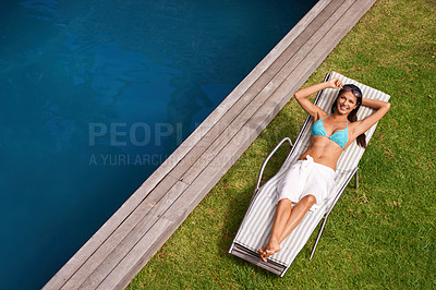 Buy stock photo Portrait of woman, happy or tan at swimming pool to relax or chill in summer holiday vacation in Hawaii. Smile, break or calm female person sunbathing in swimwear at resort, home or hotel for peace