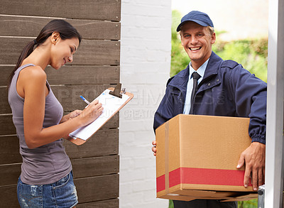 Buy stock photo Smile, delivery and woman signing for a package or using pen from postman for logistics and courier for client. Freight, box and stationery or lady receiving cargo or writing and shipping company