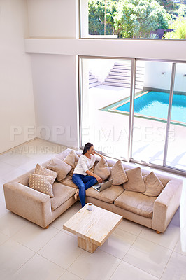 Buy stock photo Home, thinking and woman on couch with laptop for remote work, internet search and relax. Computer, online career or freelance girl on luxury sofa checking social media in living room with high angle
