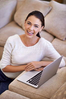 Buy stock photo Woman, portrait and laptop for remote work on website, home and smile for copywriting or blog. Female person, living room and laughing for research on article, information and app for networking