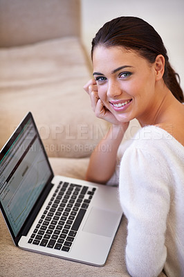 Buy stock photo Woman, portrait and laptop for remote work or plan, home and smile for copywriting or blog. Female person, living room and screen for website research for article, information and internet for app
