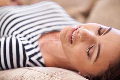 Buy stock photo Woman, sleep and weekend to relax on couch, dream and smile while lazy or comfortable in home. Female person, happy and nap on sofa in living room, closeup and calm for health and tired or exhausted