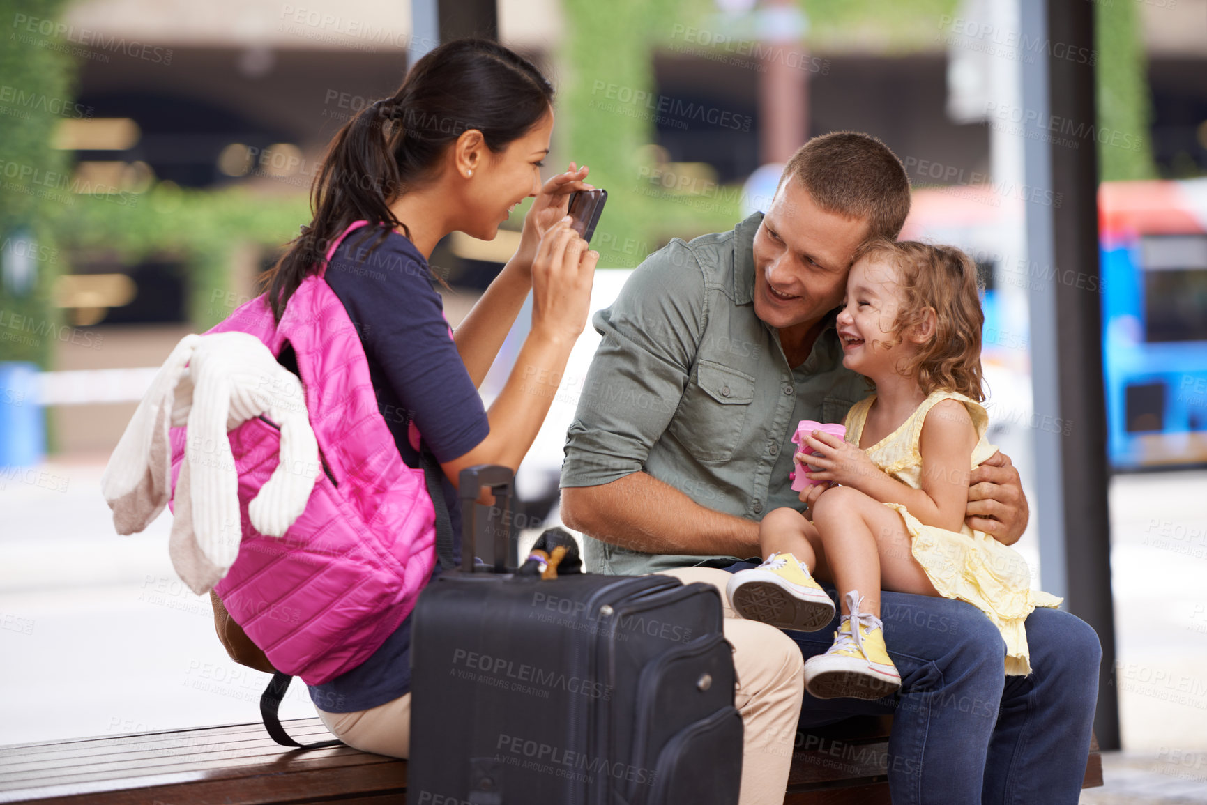 Buy stock photo Parents, child and suitcase or photo for vacation memory at airport for travel, bonding or family. Mother, father and daughter for picture with smartphone for America trip, luggage or adventure