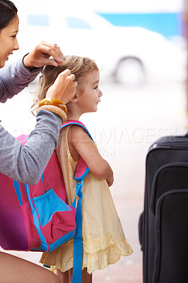Buy stock photo Mother, child and hair with suitcase travel or waiting at airport for journey to America, adventure or outdoor. Female person, daughter and backpack for family holiday or flight, delay or transport