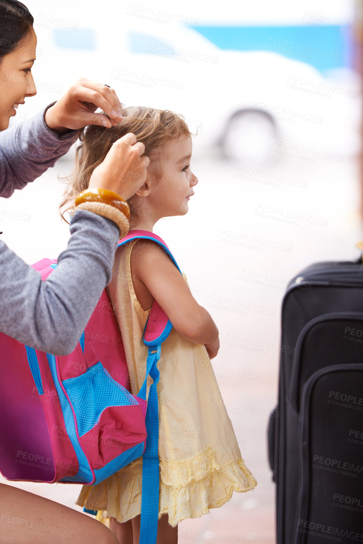 Buy stock photo Mother, child and hair with suitcase travel or waiting at airport for journey to America, adventure or outdoor. Female person, daughter and backpack for family holiday or flight, delay or transport