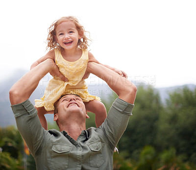 Buy stock photo Father, child and shoulders outdoor for play together in nature on holiday vacation for love connection, lift or adventure. Male person, daughter and happiness in Australia for bonding, fun or travel