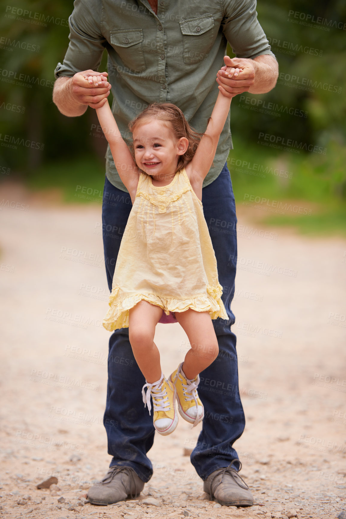 Buy stock photo Father, child and lifting outdoor for game together in nature on holiday vacation for love connection, playing or adventure. Male person, daughter and happiness in Australia or bonding, fun or travel