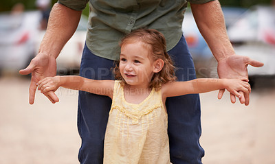 Buy stock photo Father, child and hand holding for nature holiday for bonding love support with parent development, trust or connection. Male person, daughter and together for dad adventure, happiness or playing