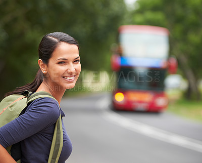 Buy stock photo Woman, backpack and portrait with waiting for bus with smile on travel, journey or vacation in summer. Girl, person and tourist with luggage, happy and outdoor on metro sidewalk for transportation