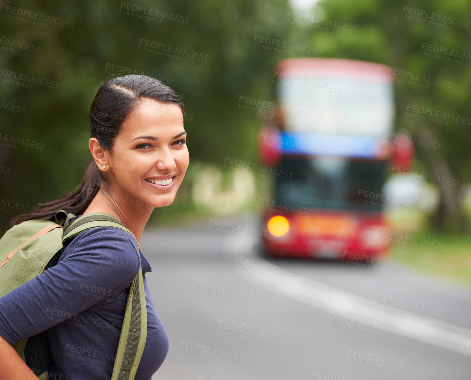 Buy stock photo Woman, backpack and portrait with waiting for bus with smile on travel, journey or vacation in summer. Girl, person and tourist with luggage, happy and outdoor on metro sidewalk for transportation