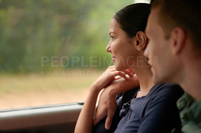 Buy stock photo Hug, love and couple in a car for road trip, bonding or romantic, vacation or adventure outdoor. Travel, transport or people embrace in vehicle for holiday, bonding and  countryside journey with care