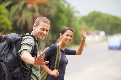 Buy stock photo Couple, portrait and nature backpacking or trekking adventure for forest journey, travel or together. Man, woman and environment in Australia for bonding relationship or hello wave, workout or walk