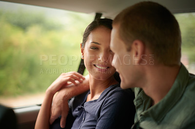 Buy stock photo Love, hug and couple in a car for road trip, bonding or romantic, vacation or adventure outdoor. Travel, transport or people embrace in vehicle for holiday, bonding and  countryside journey with care