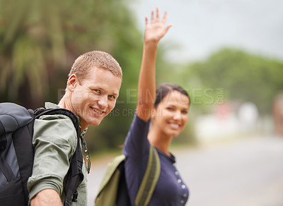 Buy stock photo Man, woman and wave for outdoor hiking or nature backpacking for adventure trekking, journey or travel. Couple, portrait and forest together in environment in Australia or bonding, fitness or walking