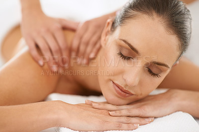 Buy stock photo Zen, shoulder massage and woman at spa for health, wellness and balance with luxury holistic treatment. Self care, peace and relax with girl in muscle therapy, comfort and calm body pamper service