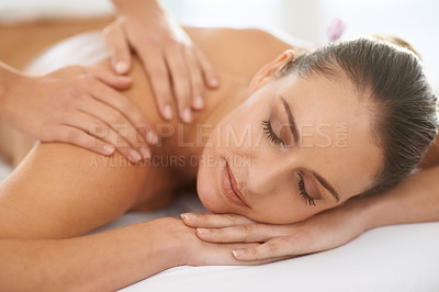 Buy stock photo Relax, shoulder massage and woman at spa for health, wellness and balance with luxury holistic treatment. Self care, peace and girl on table for muscle therapy, comfort and calm body pamper service