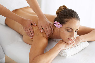 Buy stock photo Relax, massage and woman at hotel spa for health, wellness and zen balance with luxury holistic treatment. Self care, peace and girl on table for muscle therapy, comfort and calm body pamper service