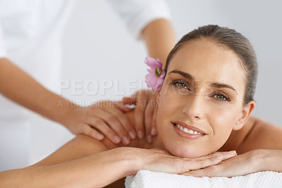 Buy stock photo Relax, massage and portrait of woman at spa for health, wellness and balance with luxury holistic treatment. Self care, peace and girl on table for muscle therapy, comfort and zen body pamper service
