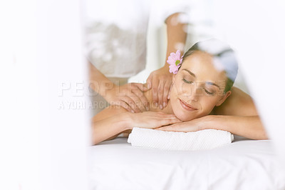 Buy stock photo Relax, massage and woman at spa mockup for health, wellness and balance with luxury holistic treatment. Self care, peace and calm girl on table for muscle therapy, comfort and zen body pamper service