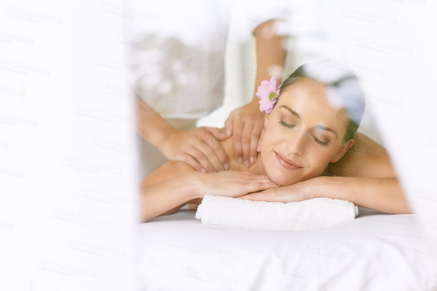 Buy stock photo Relax, massage and woman at spa mockup for health, wellness and balance with luxury holistic treatment. Self care, peace and calm girl on table for muscle therapy, comfort and zen body pamper service